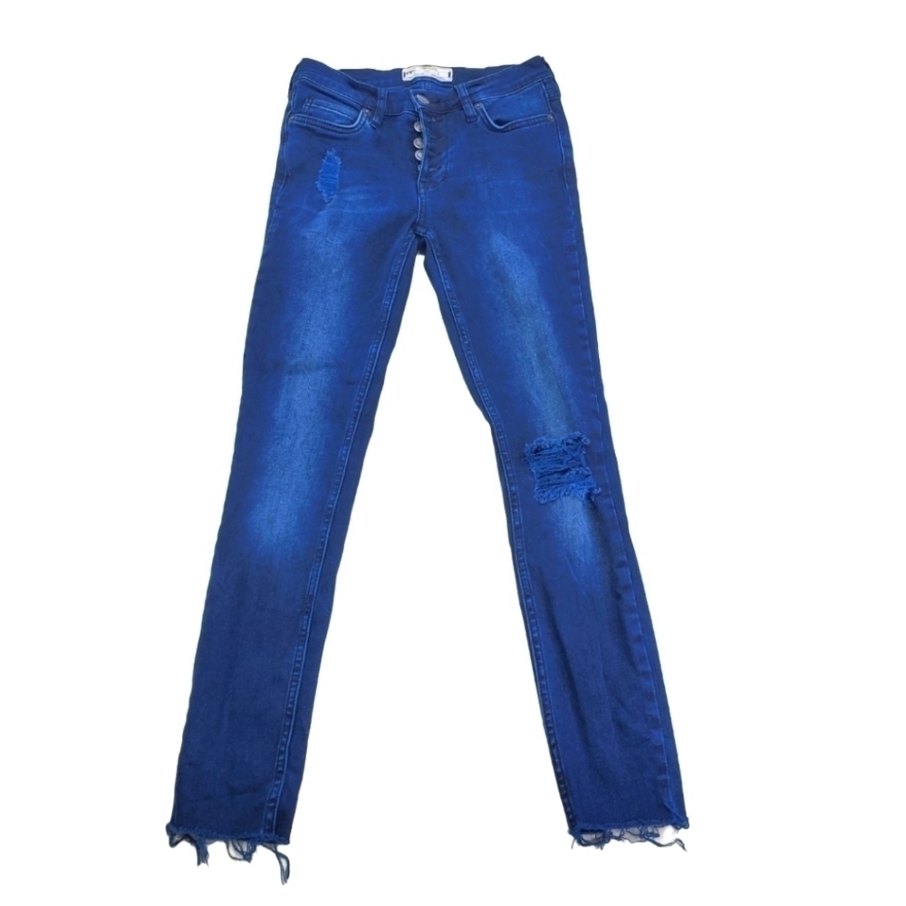 Free People Distressed Skinny Cropped Jeans with Button Fly and Raw Hems W25